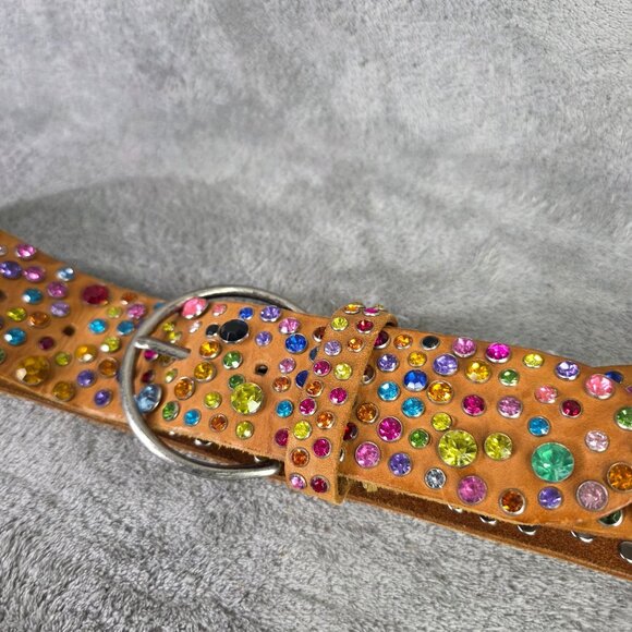 Genuine Leather Belt Multicolored Rhinestones & Polished Ring Buckle Size M 43" - Picture 2 of 6